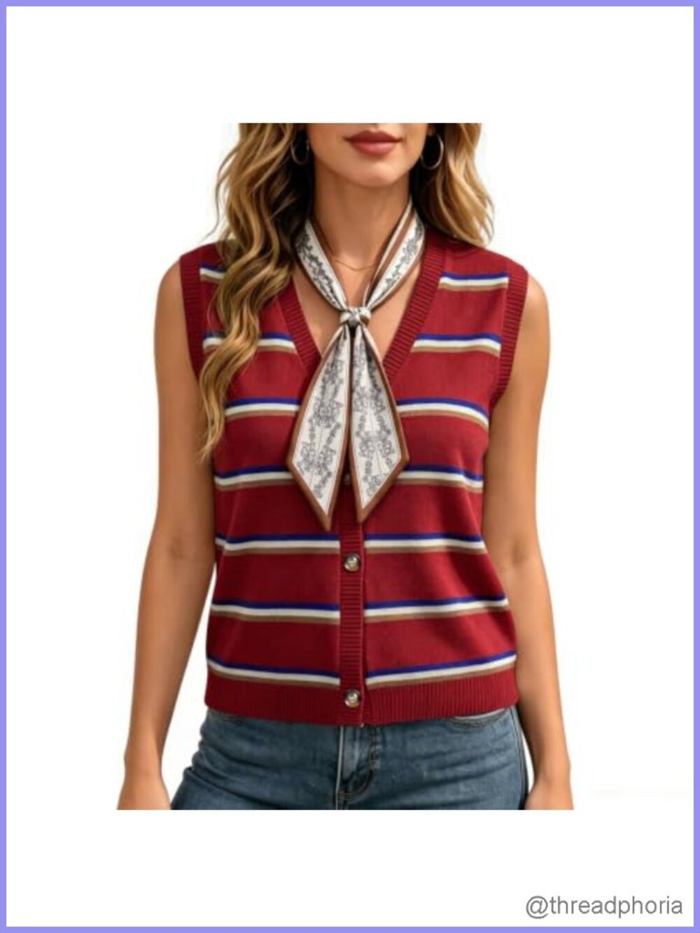 2PCS Women Striped Knit Sleeveless Sweater Vest with Satin Scarf Set